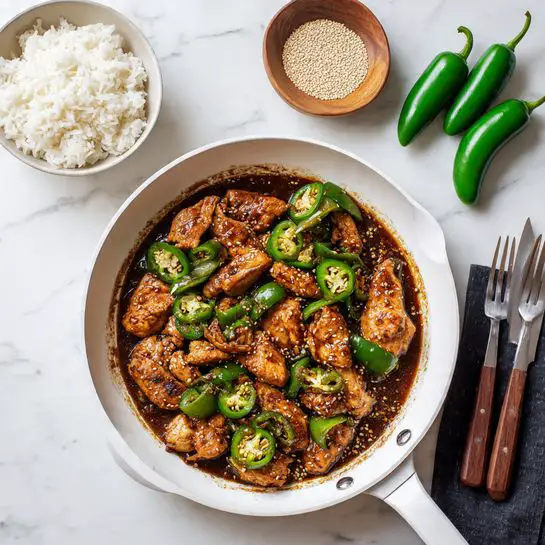 A white frying pan filled with several pieces of golden-brown chicken cooked with slices of bright green jalapeño peppers, all coated in a shiny, dark brown sauce that pools slightly at the bottom, creating a rich texture. To the top left of the pan, a white bowl is filled with fluffy white rice, showing a soft grain texture. Above the pan, fresh whole jalapeños rest on a white marbled surface next to a small wooden bowl filled with pale beige sesame seeds giving a natural look. A dark cloth napkin is placed under the pan's handle, and a fork and knife with dark wood handles sit to the right on the white marbled surface. The photo taken with an iphone --ar 4:5 --v 7