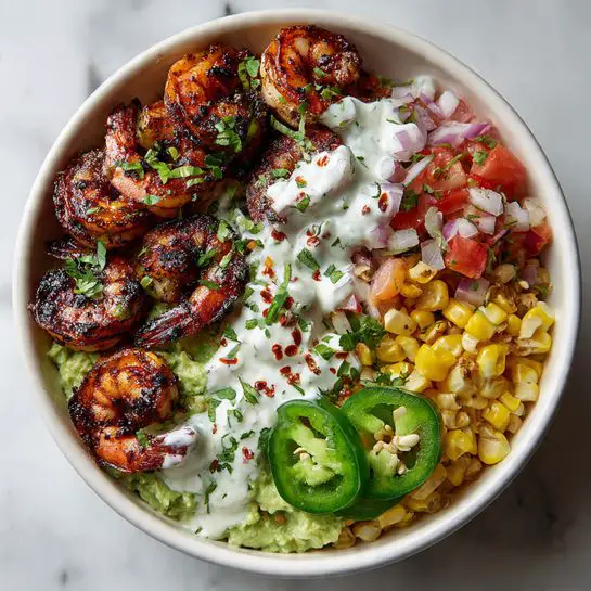 Grilled Shrimp Bowls with Avocado, Corn Salsa, and Creamy Garlic Sauce Recipe