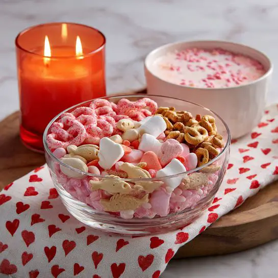 A clear glass bowl is filled with a mix of pink yogurt-covered pretzels on top, white and pink heart-shaped marshmallows, red and pink candy-coated chocolates, golden fish-shaped crackers, and a few other small nuts and candy pieces, showing many colors and textures layered together. The bowl sits on a white cloth with red heart patterns on a wooden board, and to the left is a lit orange candle with two flames inside a clear glass container. To the right of the bowl, on the cloth, is a white bowl with pink hearts filled with milk. The whole scene is set on a white marbled texture background, photo taken with an iphone --ar 4:5 --v 7