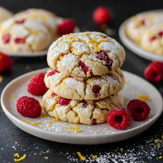A white round plate holds four soft, round cookies stacked in a slightly overlapping way. Each cookie has a light golden color with cracks on the surface, showing bright red raspberries spread throughout. The cookies are lightly dusted with white powdered sugar and have small yellow lemon zest strips scattered on top. The plate is placed on a dark surface with a few fresh raspberries and some powdered sugar and lemon zest scattered around. The background shows parts of another white plate with similar cookies, all on a white marbled texture. Photo taken with an iphone --ar 4:5 --v 7