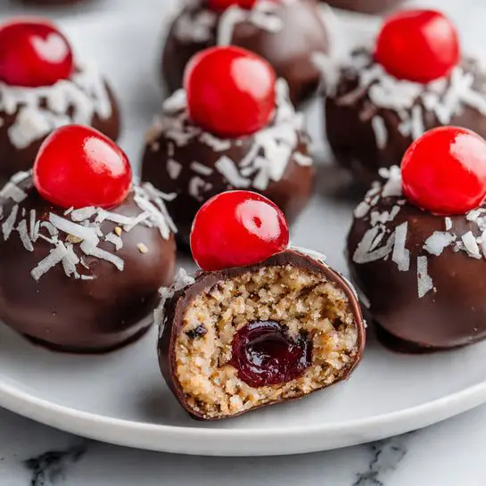 This image shows small round treats placed on a wooden plate. Each treat has three layers: the inside layer is textured with beige-colored coconut flakes mixed with dark dried fruit pieces, the middle layer is covered in a thin, dark chocolate coating, and the outside layer has small white coconut flakes sprinkled on it. Each treat is topped with a bright red, shiny cherry. One treat at the front is cut open to reveal the inside layers clearly. The background surface has a white marbled texture. Photo taken with an iphone --ar 4:5 --v 7