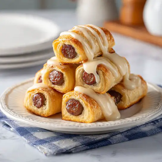 The image shows six sausage rolls stacked on a white plate with a detailed rim. Each sausage roll consists of a golden-brown pastry layer with a slightly crisp texture, wrapped around a dark brown sausage, visible at one end. The sausages are topped with a light glaze of creamy, off-white icing in a smooth, shiny layer, drizzled over the top and slightly melting onto the pastry. The plate is placed on a white marbled surface with a blue and white checkered cloth partially beneath it. In the background, there is a white plate and some blurred kitchen items. photo taken with an iphone --ar 4:5 --v 7