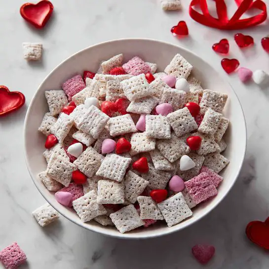 A white square plate filled with a mix of light brown, powdered sugar-coated cereal squares, scattered closely together in one layer. Mixed in are small round candies in red, pink, white, and light pink colors with a smooth, shiny texture. Tiny pink and red heart-shaped sprinkles are sprinkled unevenly over the top, adding small bright spots. The plate sits on a white marbled surface with a few red and white curly ribbon pieces nearby. Photo taken with an iphone --ar 4:5 --v 7