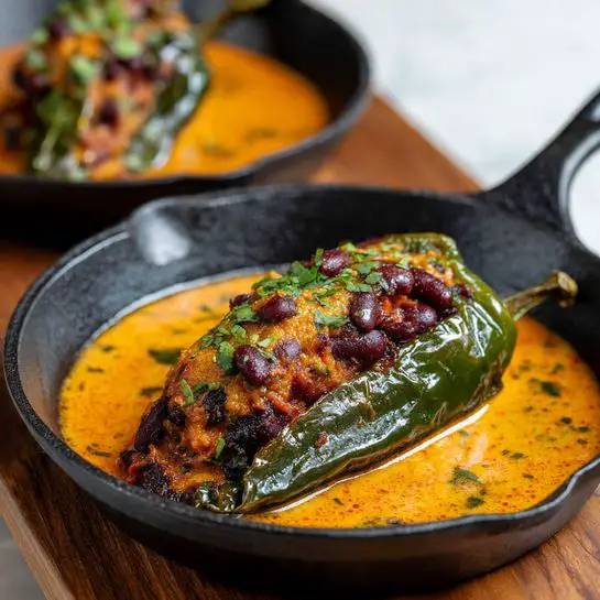 A black pan holds four green stuffed peppers topped with thick orange sauce and melted white cheese. Black beans and green pumpkin seeds are scattered on and around the peppers. Fresh green cilantro leaves are placed on top, adding a fresh touch. A silver spoon inside the pan reaches toward one pepper. The pan sits on a white marbled surface with soft light highlighting the textures and colors of the dish. Photo taken with an iphone --ar 4:5 --v 7