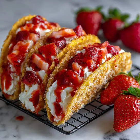 Three small taco-shaped shells are filled with two visible layers each: a bottom layer of smooth white cream and a top layer of shiny, bright red strawberry sauce with chunks of strawberries. The shells are light golden brown, crisp, and dusted with sugar granules, standing upright in a row on a black wire rack. In the background, there are blurry red strawberries, and the surface below has a white marbled texture. Photo taken with an iphone --ar 4:5 --v 7