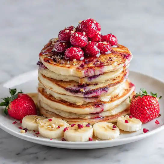 A stack of four thick, purple-speckled pancakes sits in the middle of a white plate, each pancake showing a soft texture with bits of berry mixed in. On top of the stack is a small pile of fresh red raspberries with syrup drizzling down the sides. Surrounding the base of the stack are thinly sliced pieces of banana, arranged in a curved line, sprinkled with small bits of red and dark brown toppings. Two fresh strawberries are placed near the pancakes on the white marbled surface. The image has a clean and bright look, photo taken with an iphone --ar 4:5 --v 7