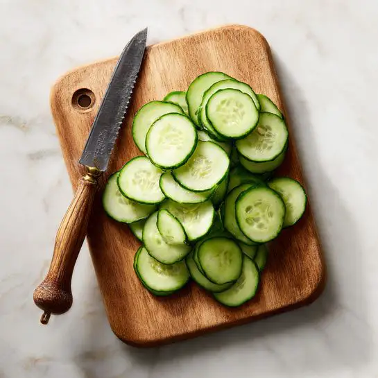A wooden cutting board on a white marbled surface holds many thin green cucumber slices scattered across its center. A knife with a wooden handle and serrated blade lies on the left side of the cutting board. The cucumber slices are light green with darker green skin edges and show a fresh, moist texture. photo taken with an iphone --ar 4:5 --v 7