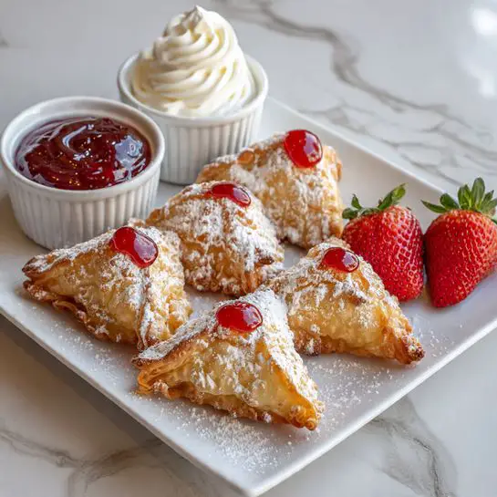 Stuffed Wonton Bites with Strawberry Cream Filling Recipe 5 A white square plate holds seven golden brown triangle-shaped fried pastries with a light dusting of powdered sugar. Each pastry has a small dollop of bright red jam on top. On the right, there are two halves of a fresh red strawberry with green stems. Above the pastries are two small white ramekins; one filled with swirled white cream and the other with red jam. The plate is set on a white marbled surface. photo taken with an iphone --ar 4:5 --v 7