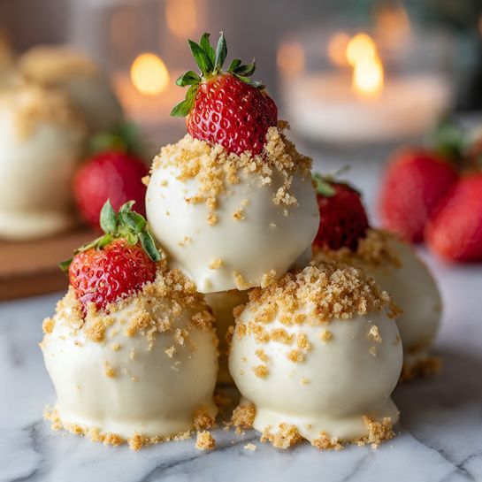 The image shows a group of round white chocolate-covered dessert balls arranged on a white marbled surface. Each dessert ball is coated smoothly with white chocolate. Some balls are topped with a fresh red strawberry with green leaves, each strawberry placed on top of one dessert. The other balls are sprinkled with light brown crunchy crumbs over the chocolate coating. The dessert balls are stacked, with two levels visible at the center, where one ball sits on top of another. The background is softly blurred with warm candle lights adding a cozy feel. Photo taken with an iphone --ar 4:5 --v 7