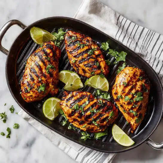 The image shows four grilled chicken pieces in an oval black grill pan with ridges, each piece having dark grill lines and a golden-brown color with slight charring. Small green cilantro leaves are scattered on top of the chicken, adding contrast. Between and around the chicken pieces are bright green lime wedges with a fresh juicy texture. The pan sits on a white marbled surface with a white and gray striped cloth partially under the pan's handle. The scene looks bright and fresh, focusing closely on the grill pan and its contents. photo taken with an iphone --ar 4:5 --v 7