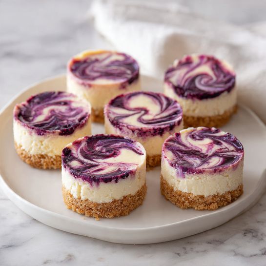 Blueberry Cheesecake Mini Muffins Recipe 5 The image shows six small round cheesecakes arranged on a white plate, placed on a white marbled surface. Each cheesecake has three layers: a light brown crumbly base at the bottom, a thick creamy white middle layer, and a top layer swirled with dark purple and light purple berry sauce creating a marbled pattern that looks smooth and glossy. The swirl patterns are unique on each cheesecake, making the top look artistic and rich in color. The plate is partly covered by a white cloth in the background. Photo taken with an iphone --ar 4:5 --v 7