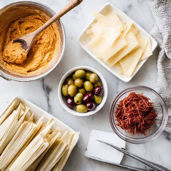 The image shows an overhead view of several ingredients laid out on a white marbled surface. On the left, a metal mixing bowl holds an orange-brown paste with a wooden spoon resting inside. Below it, there is a white rectangular dish filled with thin, dry corn husks stacked together. In the center, a small white bowl is filled with green olives stuffed with red pimentos. Above it, a white bowl holds pale yellow strips of cheese. On the right side, a clear glass bowl contains shredded reddish-brown meat with metal tongs inside. Near the bowls, a white spatula rests on the marble, and in the top right corner, a gray and white striped cloth is partially visible. Photo taken with an iphone --ar 4:5 --v 7