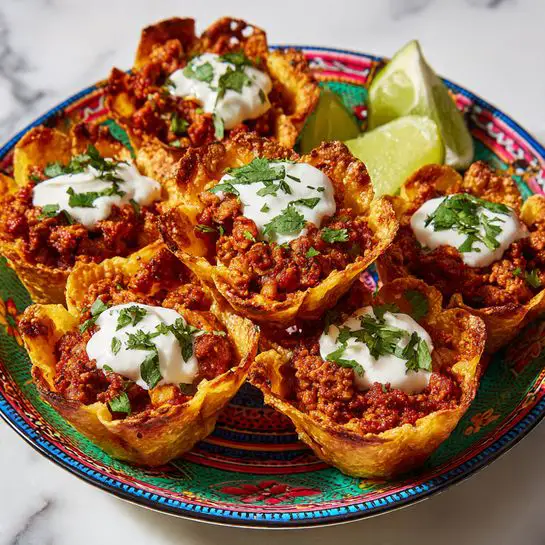 This image shows several small baked cups made of a thin, golden brown, crispy pastry shell shaped like flowers with open petals. Inside each shell, there is a layer of rich, reddish-brown cooked ground meat mixed with tomato sauce, creating a chunky texture. Some cups are topped with a small dollop of white creamy sauce and a sprinkle of fresh green chopped herbs, while others have just the meat and herbs. The cups are placed close together on a colorful plate with intricate patterns, and a lime wedge is partly visible on the side. The background is a white marbled surface. Photo taken with an iphone --ar 4:5 --v 7