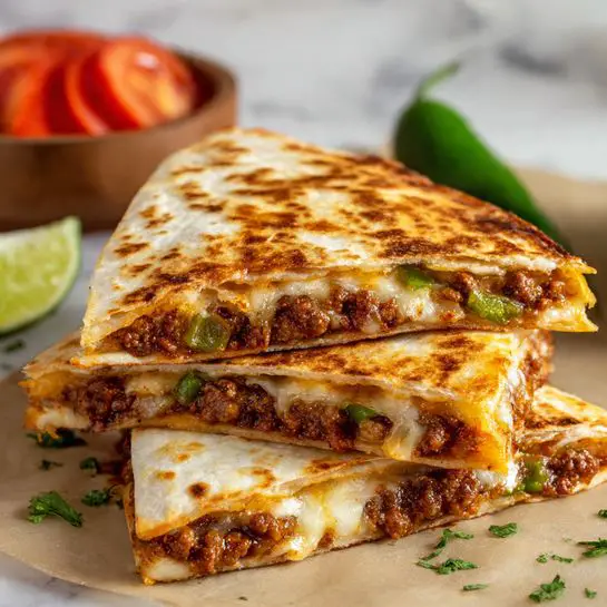 The image shows several triangular quesadilla slices on crumpled brown paper with a white marbled texture beneath. Each quesadilla has a golden brown, crispy outer layer with small toasted spots, showing a thin flatbread texture. Inside, there is a creamy white melted cheese layer mixed with small pieces of red tomato and green jalapeno, all evenly spread across the filling. One slice is slightly lifted, showing the filling clearly with gooey cheese pulling slightly. Small bits of green herbs are sprinkled on some of the quesadilla tops, adding a fresh color contrast. The background remains blurred, focusing on the quesadillas and their textures. photo taken with an iphone --ar 4:5 --v 7