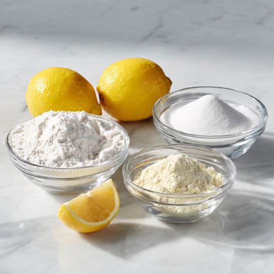 A white marbled surface holds several clear glass bowls, each filled with different white powders – one with granulated sugar, another with flour, and a third with powdered sugar. Near the bowls lie three bright yellow lemons, one whole, one cut in half showing the juicy interior, and one revealed as a lemon wedge. The arrangement is simple and clean, with distinct textures visible in the powders and the smooth, shiny surface of the lemons. photo taken with an iphone --ar 4:5 --v 7