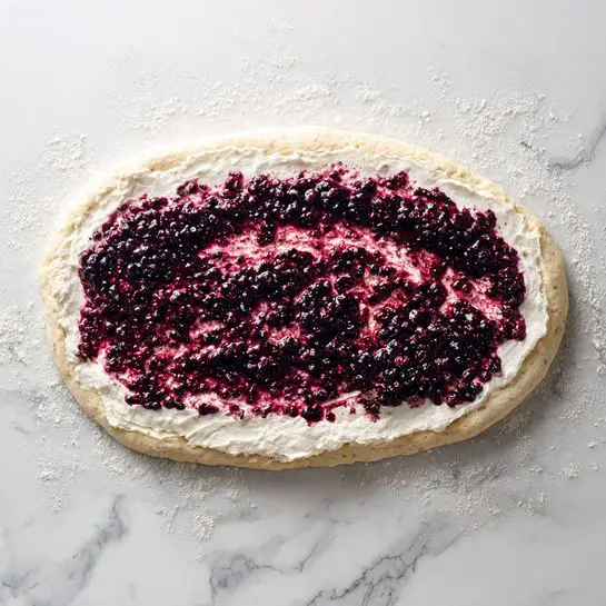 A stretched oval shape dough is laid flat on a white marbled surface, with a thin layer of white cream spread evenly across it, leaving a small border of plain dough around the edges. On top of the cream, there is a thick, uneven layer of dark purple berry mixture that is roughly spread, with visible small whole berries giving a textured look. The colors blend slightly where the cream and berry layer meet, creating a marbled effect. Light flour dusting is visible around the dough on the white marbled surface. Photo taken with an iphone --ar 4:5 --v 7