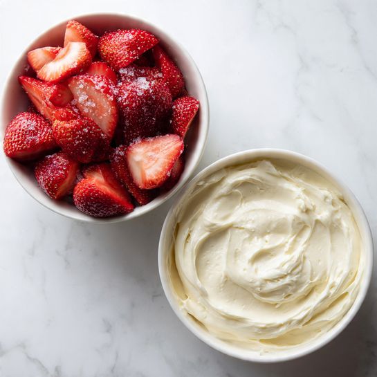 The image shows two white bowls side by side on a white marbled surface. The bowl on the left is filled with fresh red strawberries that are sliced in halves and quarters, with some shiny sugar crystals on top that give a slightly wet look. The bowl on the right contains smooth, creamy white frosting that has soft swirls and small air bubbles visible on its surface, showing its thick and light texture. photo taken with an iphone --ar 4:5 --v 7