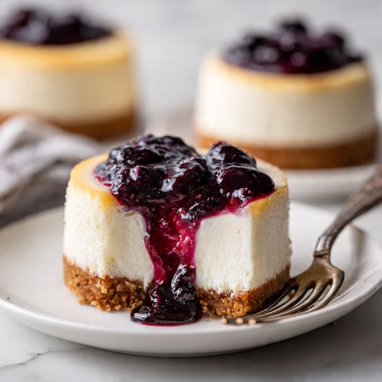 Blueberry Cheesecake Mini Muffins Recipe 4 A small round cheesecake with three visible layers is shown on a white plate over white marbled texture. The bottom layer is a thick, crumbly golden brown crust. The middle layer is thick, creamy, and white, looking smooth and soft. The top layer is a shiny, deep purple-blueberry sauce spread unevenly, with some parts dripping slightly down the side. A silver fork is gently breaking into the cheesecake from the right side, pressing into the creamy layer and sauce. The background is softly blurred with two similar cheesecakes visible. Photo taken with an iphone --ar 4:5 --v 7
