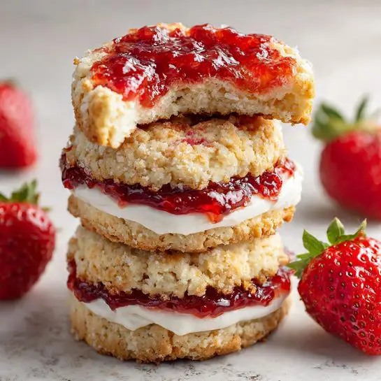 The image shows a stack of three round cookies with a crumbly, light golden color on the outside. Each cookie is layered with a thick white cream in the middle and topped with a vibrant red strawberry jam mixed with pieces of fresh strawberries, giving it a shiny and textured look. The top cookie is broken in half, revealing all the layers inside clearly. The cookies are arranged on a neutral surface with a white marbled background, and fresh strawberries are placed around them for decoration. photo taken with an iphone --ar 4:5 --v 7