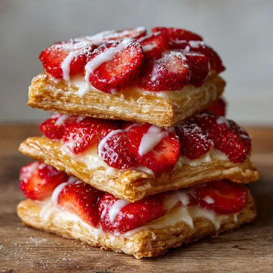 The image shows a stack of rectangular strawberry pastries on a wooden surface, each pastry having three clear layers: a lightly browned, flaky golden crust forming the base and edges, a creamy, pale yellow filling in the middle, and a topping of glossy, bright red strawberry slices arranged evenly on top. Some pastries are drizzled with thin white icing, adding a contrast to the red strawberries and golden crust. The pastries are piled casually, overlapping each other, with visible flaky texture on the crust edges and shiny glaze on the strawberries. photo taken with an iphone --ar 4:5 --v 7