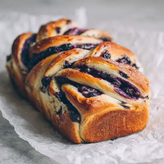 The image shows a twisted bread loaf with layers of golden brown dough intertwined with dark purple blueberry filling. The loaf has about seven visible layers with the blueberries peeking through the gaps, giving a marbled effect inside the dough. The bread is resting on wrinkled white parchment paper, placed over a woven surface, which is now changed in description to a white marbled texture. The bread looks soft and slightly shiny on top, showing the baked texture with browned spots. Photo taken with an iphone --ar 4:5 --v 7
