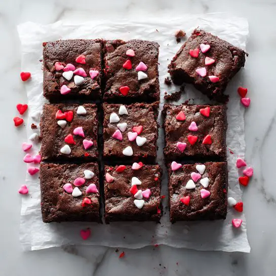 This image shows a chocolate brownie cut into nine square pieces, placed on white parchment paper over a white marbled surface. The brownie has a rich dark brown color with a slightly cracked texture on top, decorated with red, pink, and white candy-coated chocolate pieces scattered evenly across its surface. Two squares are slightly pulled away from the main block, revealing a dense, moist interior. Additional colorful candy pieces are scattered around the parchment paper. photo taken with an iphone --ar 4:5 --v 7