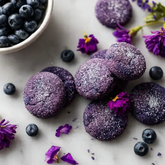 A group of round, purple cookies with a soft, slightly bumpy texture are spread out on a white marbled surface. Each cookie is dusted lightly with sugar, giving a sparkling effect. Scattered among the cookies are fresh blueberries and small purple flower petals that add bright contrast. On the left side, a white bowl filled with fresh blueberries sits partially in the frame. The overall look is colorful and inviting, with a focus on the rich purple shades and natural elements. photo taken with an iphone --ar 4:5 --v 7
