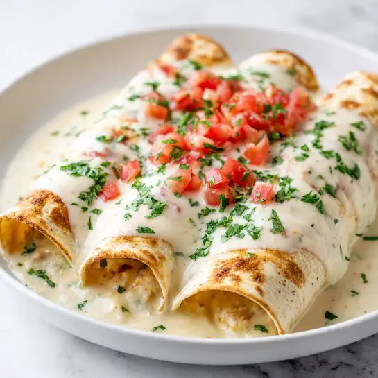 Two rolled crepes filled with a light brown filling rest side by side on a white plate. The crepes are topped with a thick, white creamy sauce that drapes over them, with hints of golden brown from slight browning on the edges. On top of the sauce, small chunks of red tomato, bright green chopped scallions, and finely chopped green herbs are scattered, adding fresh color and texture. The plate sits on a white marbled surface in soft lighting that highlights the creamy and fresh ingredients. photo taken with an iphone --ar 4:5 --v 7