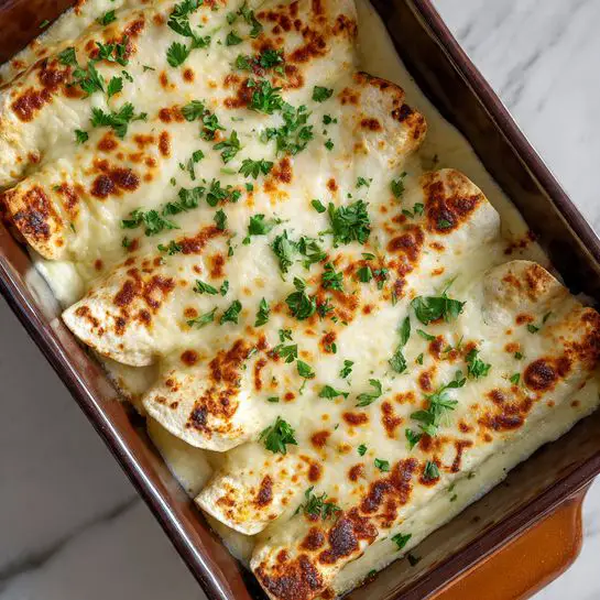 A close-up view of a brown rectangular baking dish filled with four rolled tortillas placed side by side, each covered with a thick, creamy white sauce that has a golden-brown baked cheese layer on top. Small green parsley leaves are sprinkled evenly over the entire surface, adding a fresh touch of color. The dish rests on a white marbled surface with soft natural light enhancing the melted cheese texture and slight bubbling around the edges. Photo taken with an iphone --ar 4:5 --v 7