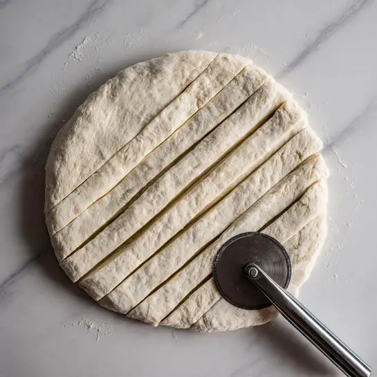 A flat sheet of light beige dough is placed on a white marbled surface and divided into six long, even strips with a smooth texture. A pizza cutter with a round silver blade and black handle rests on the right side of the dough. The dough edges are slightly uneven, and the lighting highlights the soft texture of the dough. Photo taken with an iphone --ar 4:5 --v 7