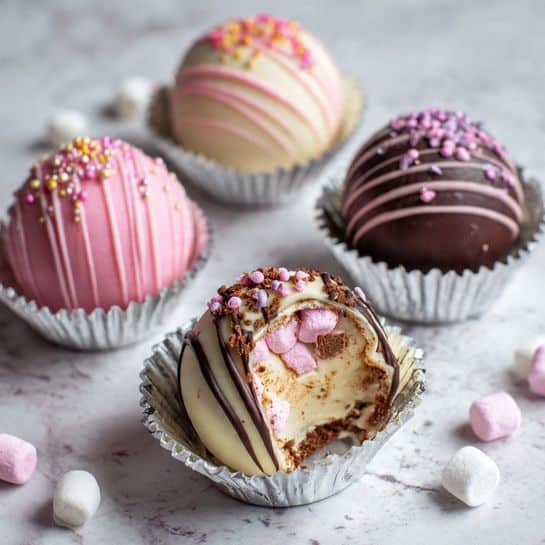 A round dessert with a smooth pink dome-shaped top covered in thin dark brown chocolate stripes dripping down from the top to the base, sitting in a shiny silver wrapper. The dome is decorated on top with small colorful sprinkles in shades of pink, white, gold, and peach, including small round balls and stick shapes scattered attractively. The bottom edge of the dome is dark brown, contrasting with the pink upper layer. The background is a white marbled surface and blurred objects in soft pastel tones can be seen behind. Photo taken with an iphone --ar 4:5 --v 7