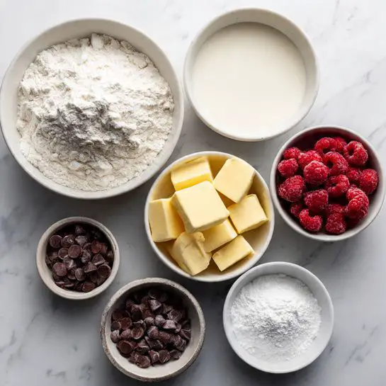 The image shows six white bowls on a white marbled surface, each filled with different baking ingredients. The largest bowl on the left contains a heap of white flour with a clumpy texture. To the right and slightly above it, there's a bowl filled with smooth white liquid, likely milk or cream. Below that, a bowl holds soft yellow butter cut into squares. Below the flour bowl, a smaller bowl is filled with dark brown chocolate chips with a smooth texture. Next to the chocolate chips, another bowl contains red frozen raspberries, showing icy crystals on their uneven, bumpy surfaces. The smallest bowl near the white liquid has a fine white powder, probably baking powder or baking soda. Photo taken with an iphone --ar 4:5 --v 7