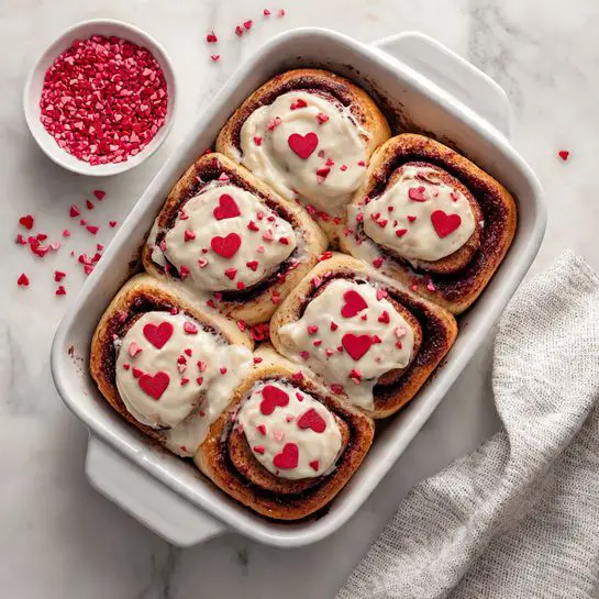 The image shows a white rectangular baking dish filled with six thick cinnamon rolls arranged in two rows of three. Each roll is richly swirled with dark red and brown layers, topped with a thick, creamy white icing spread unevenly over the rolls. Bright red heart-shaped sprinkles are scattered on top of the icing, adding a pop of color. The dish is placed on a white marbled surface with a small white bowl filled with more red heart sprinkles nearby. A woman's hand with a light gray and white striped cloth is seen at the bottom right corner of the image. photo taken with an iphone --ar 4:5 --v 7