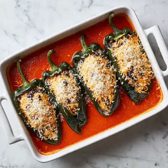 A white rectangular baking dish with handles contains four large dark green poblano peppers laid side by side. Each pepper is split open lengthwise, showing a filling made of finely shredded cheese mixed with dark-colored beans. The peppers rest on a thick, smooth orange-red sauce that fills the bottom layer of the dish, creating a vivid contrast with the dark green peppers. The background surface is white marble. photo taken with an iphone --ar 4:5 --v 7