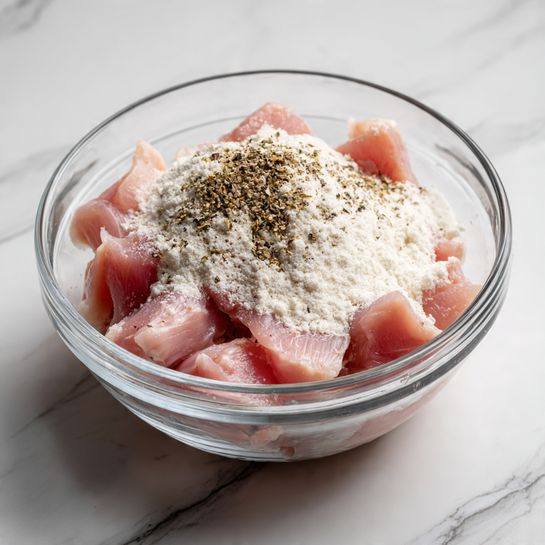A clear glass bowl holds pieces of raw pink chicken at the bottom, roughly cut into chunks. On top of the chicken, there is a pile of white powdery flour and some sprinkled coarse black pepper. The bowl is placed on a white marbled surface. The chicken pieces have a smooth texture with some light reflections showing freshness. photo taken with an iphone --ar 4:5 --v 7