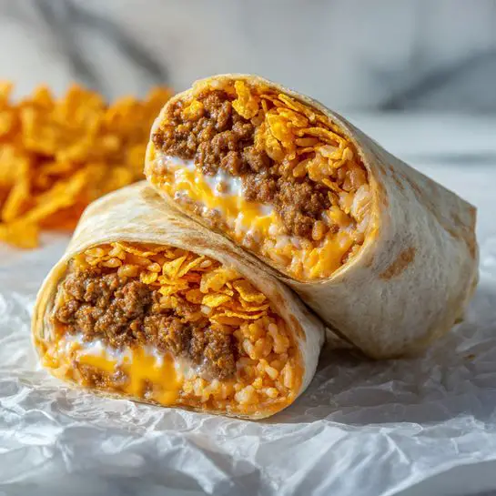 The image shows a close-up of a burrito cut in half, wrapped in a soft beige tortilla. The burrito is filled with four main visible layers: melted bright orange cheese at the bottom that looks creamy and smooth, crispy orange corn chips on top of the cheese adding crunch, then a layer of white creamy sauce mixed with brown cooked ground meat, followed by seasoned orange rice at the top near the open end of the burrito. The burrito halves rest on crinkled white paper placed over a white marbled surface with another whole burrito blurred in the background. The textures are soft and crunchy, and the colors are warm and inviting. Photo taken with an iphone --ar 4:5 --v 7