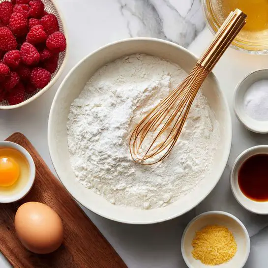 A large white bowl sits in the center filled with dry white flour and small piles of white sugar and baking powder, with a gold whisk resting inside touching the ingredients. To the bottom left of the bowl, a wooden board holds one whole brown egg and a small white bowl with an egg yolk. Nearby are three small white bowls, one with a light liquid (possibly oil), one with a dark amber liquid (likely vanilla), and another with grated yellow zest. In the top left corner, a bowl with bright red raspberries is partly visible. All items rest on a white marbled surface. photo taken with an iphone --ar 4:5 --v 7
