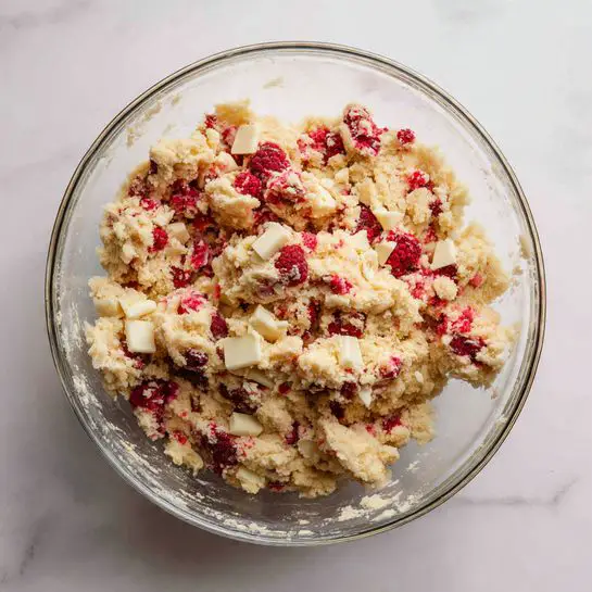 A close-up view of a clear glass bowl filled with rough, crumbly dough mixed with bright red raspberry pieces and small chunks of white chocolate scattered throughout. The dough looks soft and uneven in texture, with clusters of raspberries creating spots of vibrant red against the pale beige dough. The bowl sits on a white marbled surface, with some dough stuck on the inside edges, showing it is freshly mixed. Photo taken with an iphone --ar 4:5 --v 7