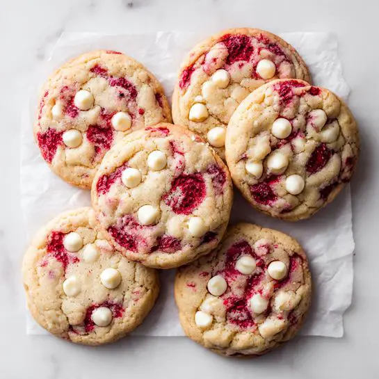 The image shows six round cookies on white parchment paper with a white marbled texture underneath. Each cookie has two main layers: a light golden-brown base with a soft, slightly bumpy texture and uneven edges, and a mix of dark red raspberry swirls spread across the top, creating a marbled effect. Scattered white chocolate chips are embedded into the surface, some partially melted into the cookie dough. The cookies vary slightly in size and have a warm, freshly baked appearance. photo taken with an iphone --ar 4:5 --v 7