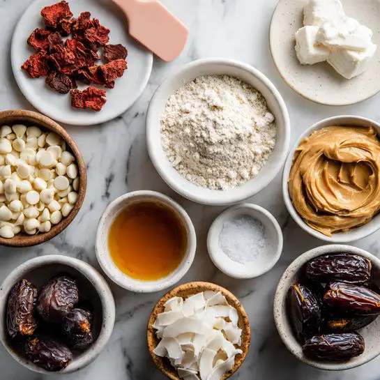 A top view of several ingredients in white bowls arranged on a white marbled surface. The center has a bowl of light beige flour. Above it to the right is a small bowl of creamy peanut butter with a smooth texture. To the right of that is a bowl filled with white chocolate chips. Below the white chocolate bowl, a smaller bowl holds amber-colored liquid. Next to it, a tiny bowl with white salt sits on the surface. Below the flour bowl, there is a bowl with dark brown dates. To the left of the dates, there is a bowl of dried red strawberry slices with a rough texture. Above the strawberry bowl, there is a small plate with two scoops of white coconut oil, and next to it on the left, a bowl filled with shredded white coconut. A pink silicone spatula moves diagonally on the left side. The photo taken with an iphone --ar 4:5 --v 7