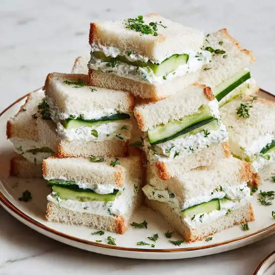 The image shows several small square sandwiches stacked on a white plate with a brown rim, all placed on a white marbled surface. Each sandwich has three layers: the top and bottom are light, soft white bread, while the middle layer contains smooth white cream with small green herb specks and slices of crisp green cucumber. The sandwiches are arranged in a slightly messy pile, and small chopped green herbs are scattered on the plate around them. The photo taken with an iphone --ar 4:5 --v 7