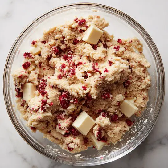 A clear glass bowl is filled with a chunky dough mixture, light beige in color, with scattered pieces of bright red fruit and small blocks of white chocolate embedded throughout. The dough has a rough texture, with visible clumps and bits sticking to the bowl’s sides. The background shows a white marbled surface. photo taken with an iphone --ar 4:5 --v 7