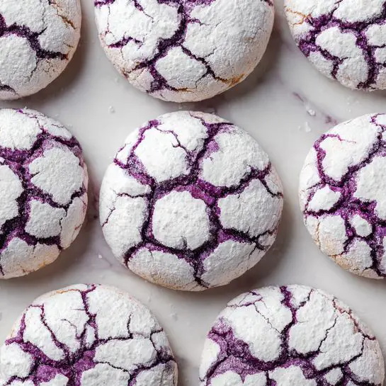 Round cookies are shown on a baking paper over a white marbled surface, about ten in number. Each cookie has one main layer with a cracked texture revealing a deep purple color underneath. The outer layer is white powdered sugar, making a strong contrast with the purple cracks that spread in irregular patterns across the surface. The cookies appear soft and slightly thick, evenly spaced in rows. Photo taken with an iphone --ar 4:5 --v 7