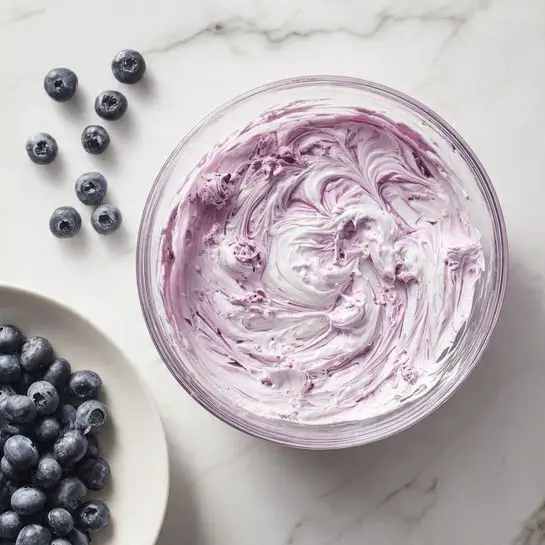 The image shows a clear glass bowl filled with a thick, creamy mixture that is light purple in color with some darker purple swirls and small bits, giving it a textured look. The bowl is placed on a white marbled surface. In the lower left corner, part of a white plate with fresh, round, dark blue blueberries is visible. The photo taken with an iphone --ar 4:5 --v 7