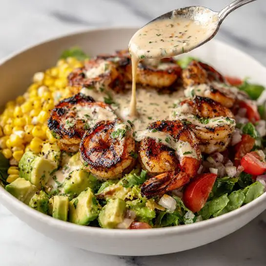 In a white bowl on a white marbled surface, there is a vibrant shrimp bowl with three main layers. On the left side, there are six grilled shrimp with a dark, charred look topped with chopped green herbs. The middle layer has a mixture of diced red onion, tomato, and corn with a creamy white sauce being poured over it, sprinkled with green herbs and red chili flakes. To the right, there is a bright green guacamole base, dotted with corn and more red onion and tomato pieces, and three slices of fresh green jalapeño peppers placed on top. photo taken with an iphone --ar 4:5 --v 7
