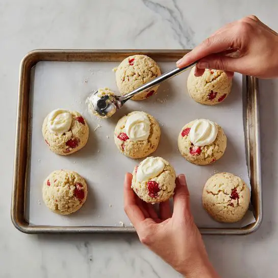 The image shows three side-by-side scenes of strawberry cookies being prepared and held. On the left, there are six rough, light beige cookie dough balls with red strawberry pieces on a baking tray lined with white paper, while a woman's hand presses a measuring spoon into one dough ball to make a small hole. In the center, the six dough balls remain on the tray, with white cream dollops placed inside the holes on three of the cookie dough pieces. On the right, a woman's hands hold one baked cookie, which has a light golden color with visible red strawberry pieces inside, showing a soft and slightly crumbly texture. The tray sits on a white marbled surface. Photo taken with an iphone --ar 4:5 --v 7