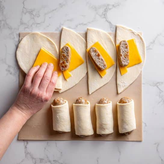 The image shows a white marbled surface with a sheet of dough cut into large triangles. Each triangle has a bright yellow slice of cheddar cheese in the center with a cooked sausage link placed horizontally near the wide end of the cheese. A woman's hand is rolling one triangle from the wide end toward the point, wrapping the sausage inside the dough. Below the dough sheet, four rolled-up dough pieces with sausages inside lie on a parchment paper, ready to be baked. The colors include pale dough, bright yellow cheese, and light brown sausages. Photo taken with an iphone --ar 4:5 --v 7
