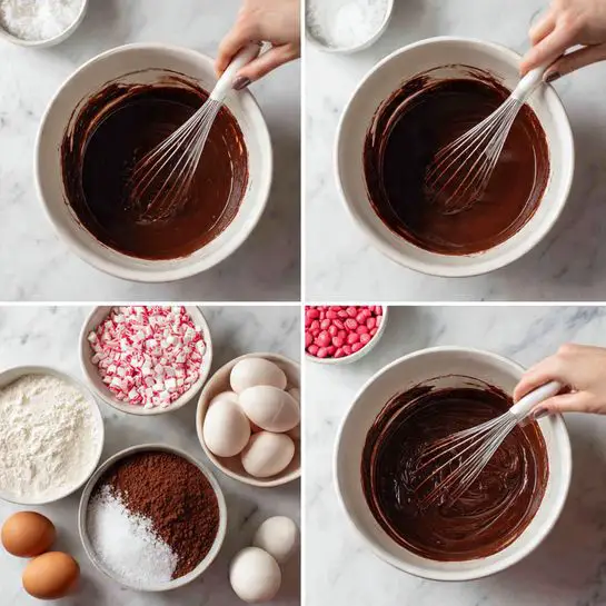 The image shows four steps of making chocolate batter in a white bowl on a white marbled surface. In the first photo, a woman's hand is whisking a dark brown chocolate liquid that looks smooth and glossy. In the second photo, the woman's hand continues whisking the same chocolate mixture, now thicker and more even in texture. The third photo shows the bowl filled with dry ingredients: dark brown cocoa powder and white flour, with a white spatula resting inside, surrounded by bowls of pink and red candies, white sugar, and eggs at the bottom right. The fourth photo reveals the chocolate batter mixed into a thick, smooth dark brown paste, stirred with a white spatula resting inside the bowl. The bowls of ingredients and eggs remain arranged around the mixing bowl. photo taken with an iphone --ar 4:5 --v 7
