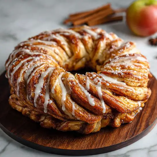 A round twisted pastry ring with many layers twisted together, showing a golden brown, shiny baked top with cinnamon spices scattered on it, covered in white icing drizzles that add a glossy texture. The pastry sits on a dark wooden round board, with an apple and cinnamon sticks blurred in the background on a white marbled surface. Photo taken with an iphone --ar 4:5 --v 7