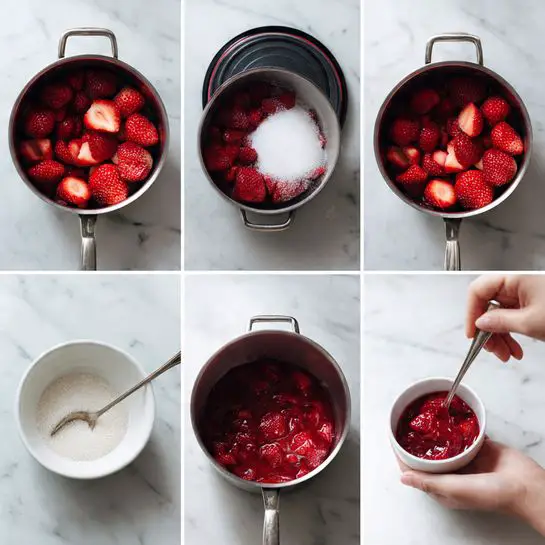 A series of eight images show the process of making a strawberry sauce or jam. The first three images present a metal pot with fresh red strawberries in it, some sliced in halves, and a white powder (likely sugar or pectin) added on top before combining. The fourth image shows a close-up of a sealed black lid on the pot. The next two images display a small white bowl with a grainy white substance in water, being stirred with a silver spoon on a white marbled surface. The seventh image shows a woman's hand holding the small bowl, pouring the mixture into the pot filled with strawberries. The last image reveals the pot now filled with the cooked, thick, and chunky red strawberry mixture being stirred with a spatula. photo taken with an iphone --ar 4:5 --v 7